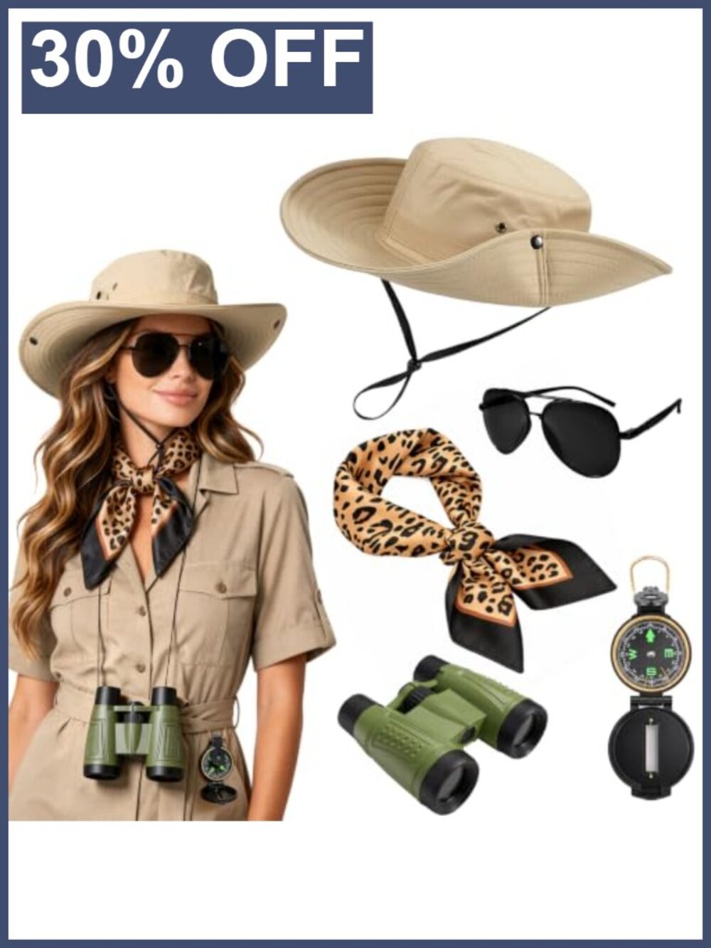 5 Piece Safari Explorer Costume Set with Hat Scarf Accessories for Women